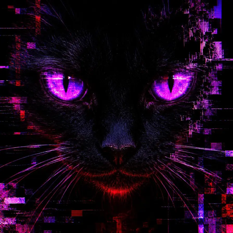 Close-up of the VOIDCAT staring with glowing purple eyes